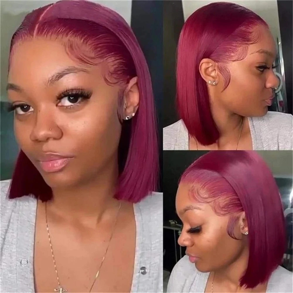 Color 99J Burgundy Short Bob W - Pre Parted 13X4 Lace Front Bob Wig ulasan dan harga